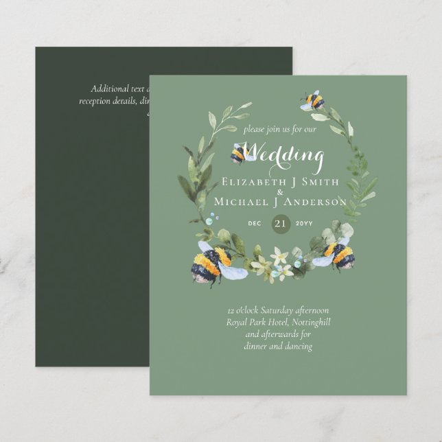 BUDGET Greenery Eucalyptus Bees Wedding Invites (Front/Back)