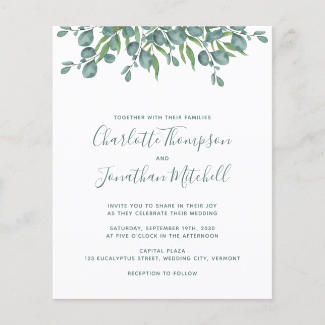 Budget Greenery Eucalyptus Wedding Invitation (Front)