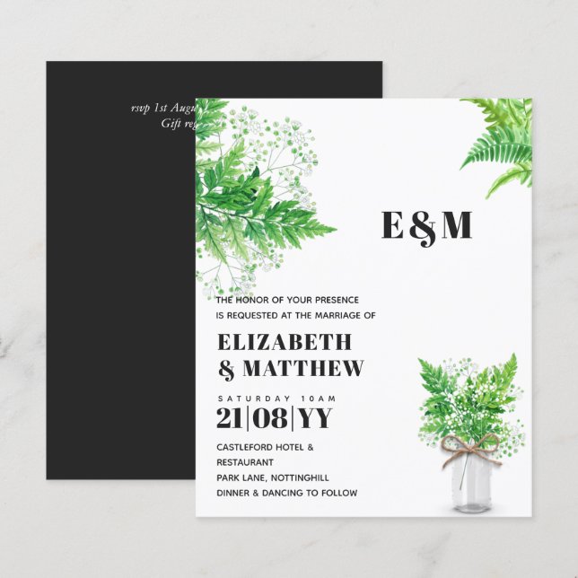 BUDGET Greenery Ferns Monochromatic Wedding Invite (Front/Back)