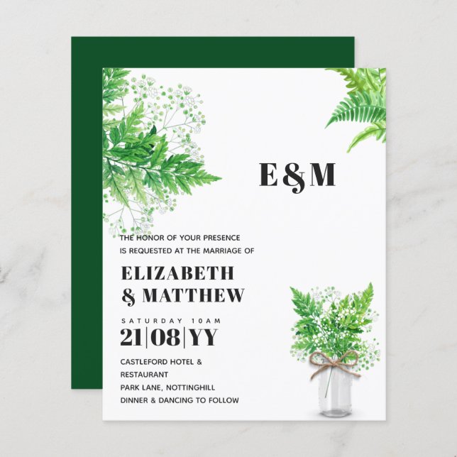BUDGET Greenery Ferns Monochromatic Wedding Invite (Front/Back)