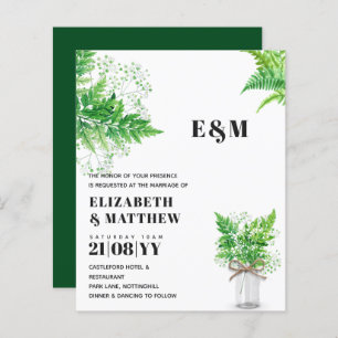 BUDGET Greenery Ferns Monochromatic Wedding Invite