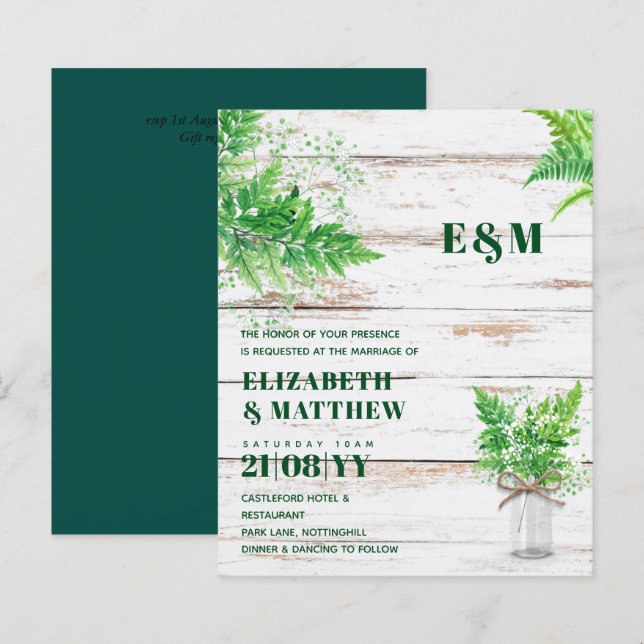 BUDGET Greenery Ferns Monochromatic Wedding Invite (Front/Back)