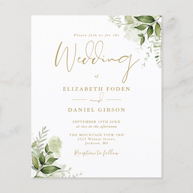 Budget Greenery Floral Gold Wedding Invitation (Front)