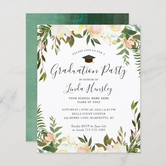 Budget Greenery Floral Graduation Party Invitation (Front/Back)