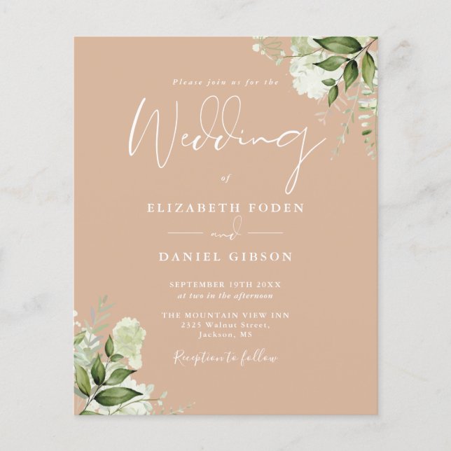 Budget Greenery Floral Tan Wedding Invitation (Front)