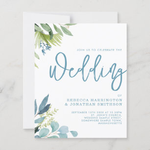 Budget Greenery Foliage Blue Wedding Invitation