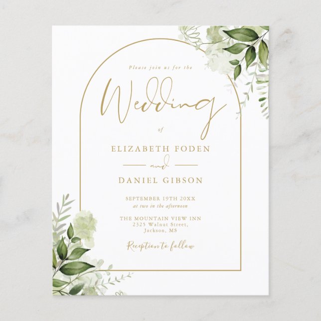 Budget Greenery Gold Arch Wedding Invitation (Front)