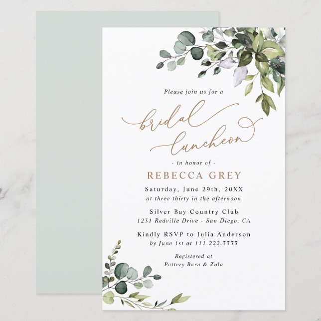 Budget Greenery Gold Bridal Luncheon Invitation (Front/Back)