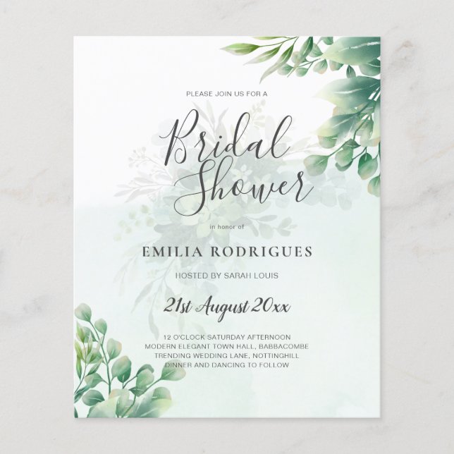 BUDGET Greenery Gold Eucalyptus BRIDAL SHOWER Flyer (Front)