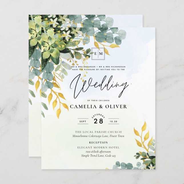 BUDGET Greenery Gold Eucalyptus Leaves Wedding (Front/Back)
