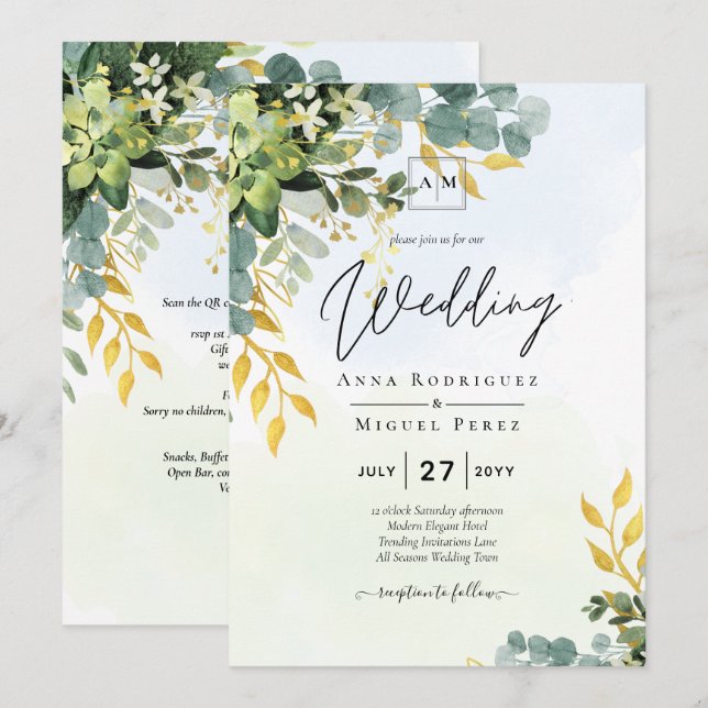 BUDGET Greenery Gold Eucalyptus Leaves Wedding Invitation (Front/Back)
