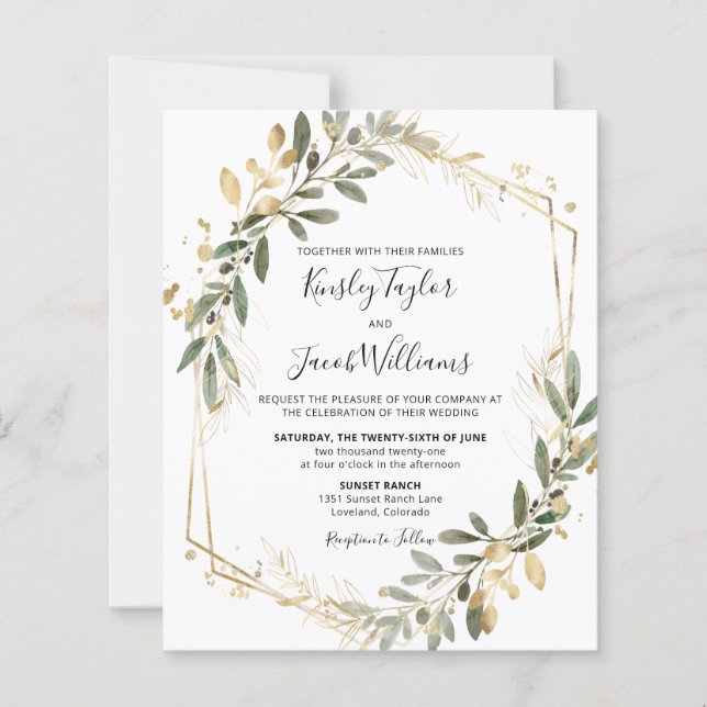 Budget Greenery & Gold Geometric Wedding Invite (Front)