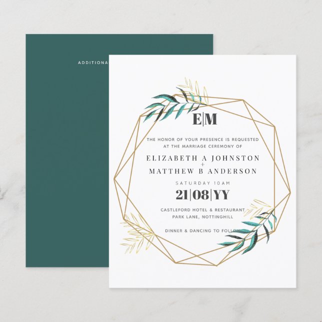 Budget Greenery Gold Geometric Wedding Invites (Front/Back)