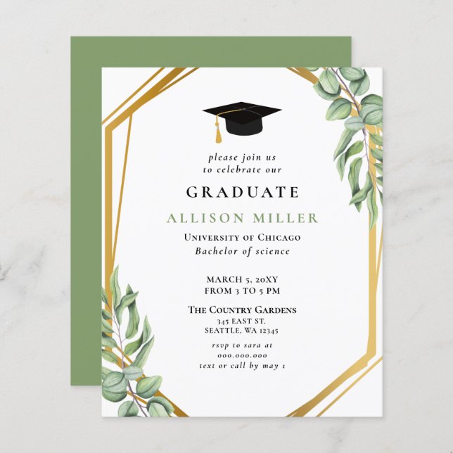 Budget Greenery Gold Graduation Invitation (Front/Back)