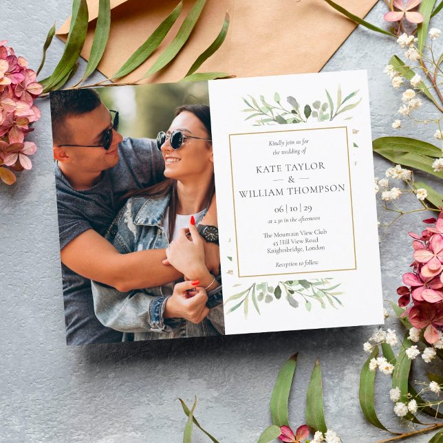 Budget Greenery Gold Photo Wedding Invitation (Creator Uploaded)