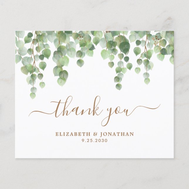 Budget Greenery Gold Script Wedding Thank You (Front)
