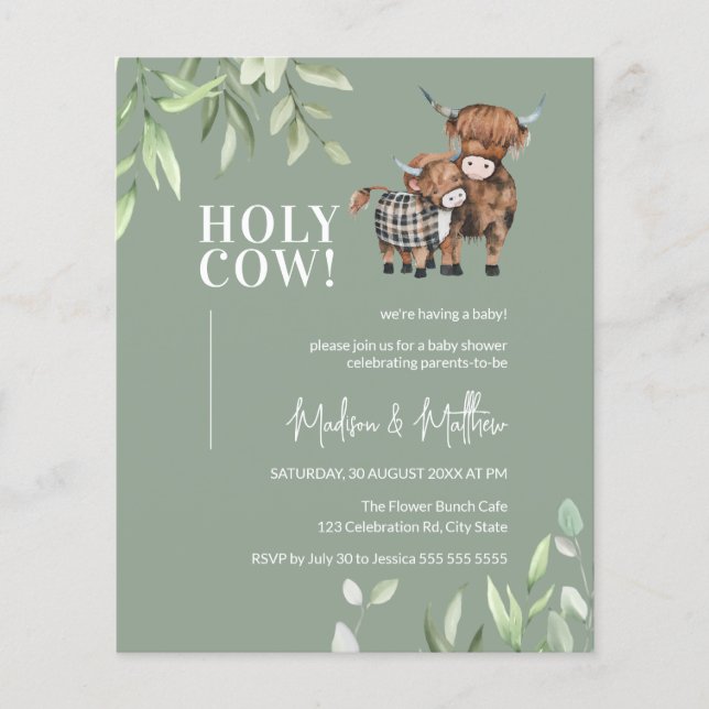 Budget Greenery Highland Cow Baby Shower Invite (Front)