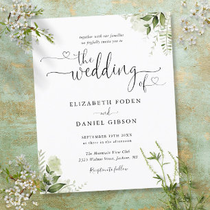 Budget Greenery Leaves Script Wedding Invitation
