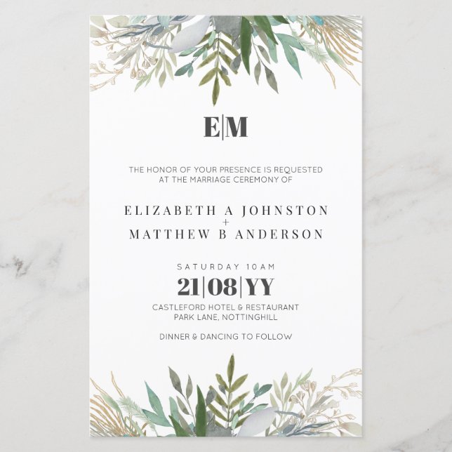 Budget Greenery Leaves Typography Wedding Invites (Front)