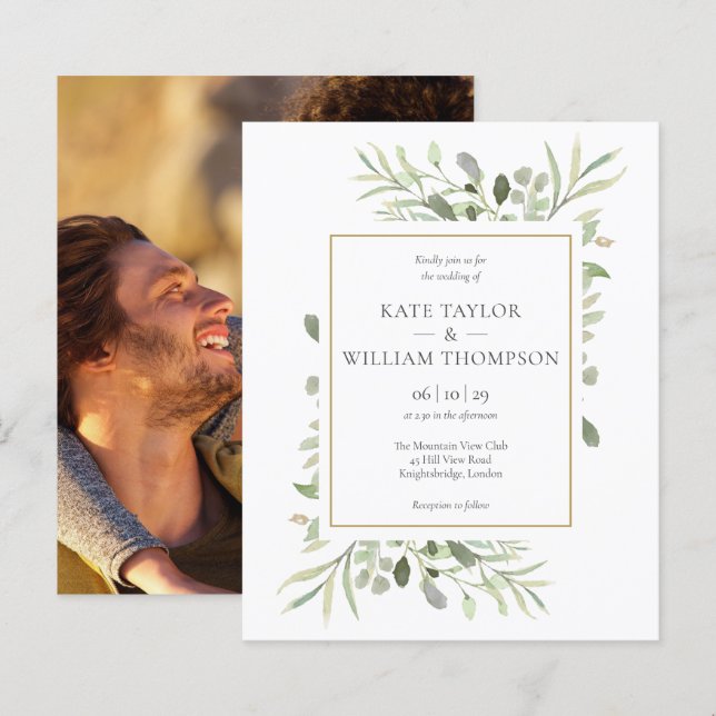 Budget Greenery Leaves Wedding Photo Invitation (Front/Back)