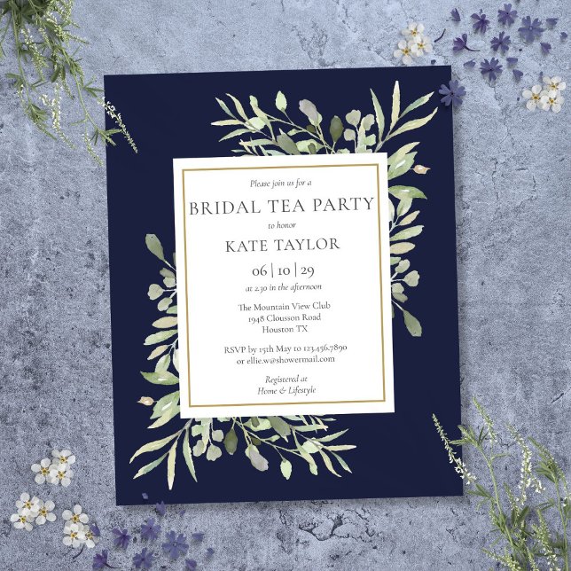 Budget Greenery Navy Blue Bridal Tea Party Invite (Budget Greenery Navy Blue Bridal Tea Party Invite)