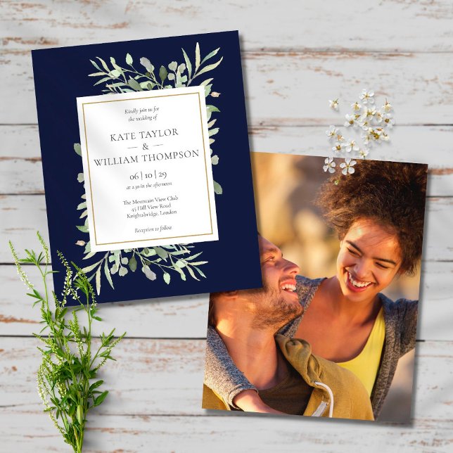 Budget Greenery Navy Blue Wedding Photo Invitation (Creator Uploaded)