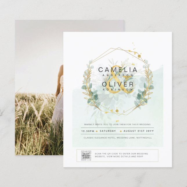 BUDGET Greenery PHOTO Wedding Invitation QR CODE (Front/Back)