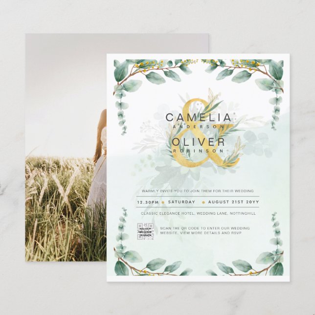 BUDGET Greenery PHOTO Wedding Invitation QR CODE F (Front/Back)
