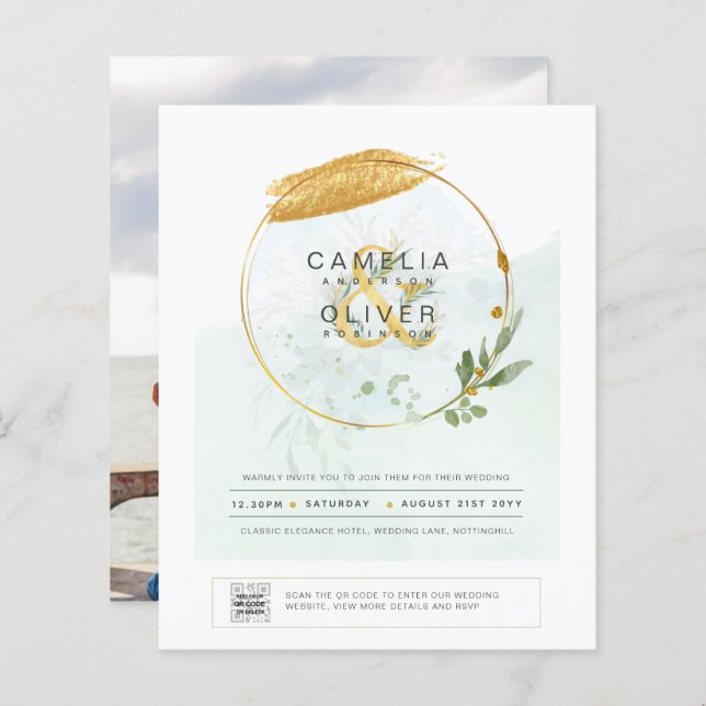 BUDGET Greenery PHOTO Wedding Invitation QR CODE F (Front/Back)