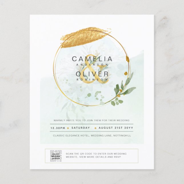 BUDGET Greenery PHOTO Wedding Invitation QR CODE F Flyer (Front)