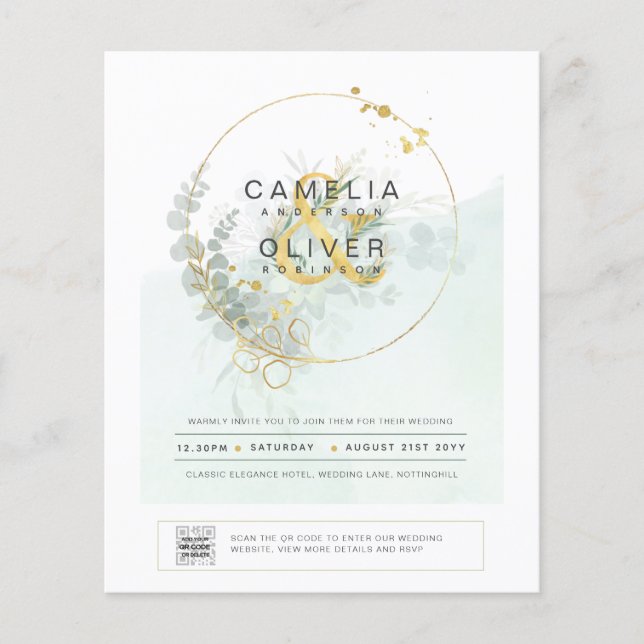 BUDGET Greenery PHOTO Wedding Invitation QR CODE F Flyer (Front)