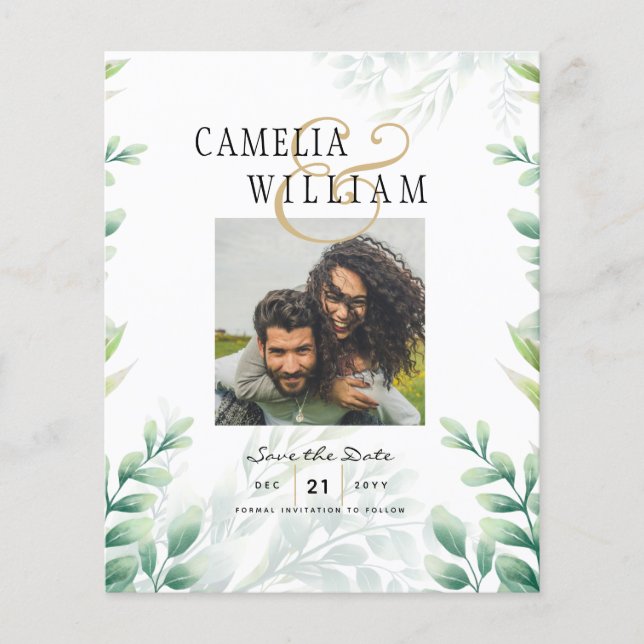 BUDGET Greenery PHOTO Wedding Save The Date QRcode Flyer (Front)