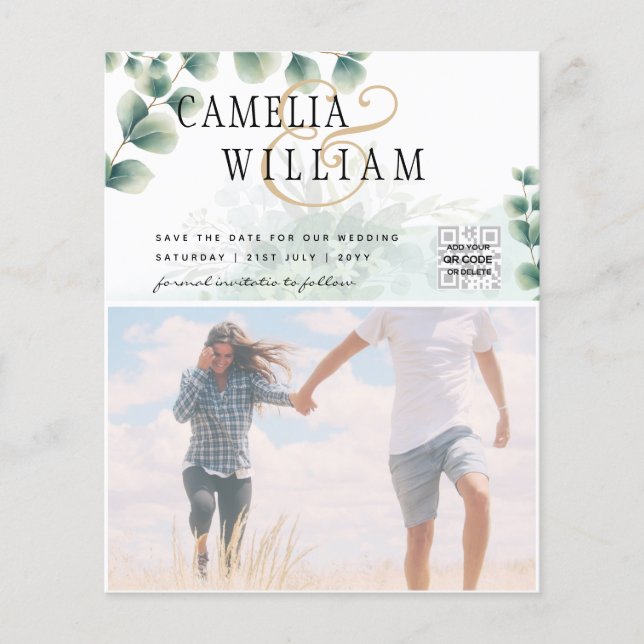 BUDGET Greenery PHOTO Wedding Save The Date QRcode Flyer (Front)