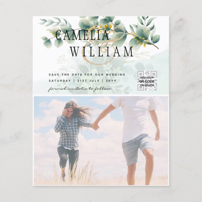 BUDGET Greenery PHOTO Wedding Save The Date QRcode Flyer (Front)