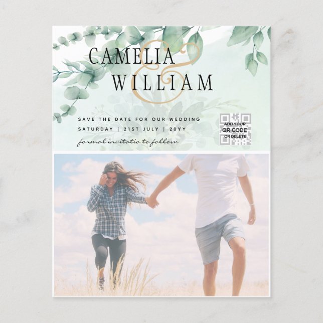 BUDGET Greenery PHOTO Wedding Save The Date QRcode Flyer (Front)
