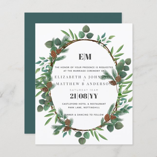 Budget  Greenery Pine Cone Wedding Invite (Front/Back)