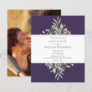 Budget Greenery Purple Wedding Photo Invitation