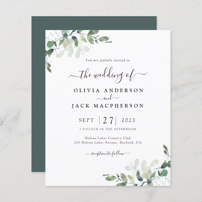 BUDGET Greenery Rustic Wedding Invitation (Front/Back)