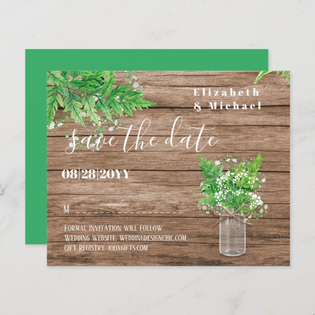 BUDGET Greenery Save Dates Ferns Rustic Wedding (Front/Back)