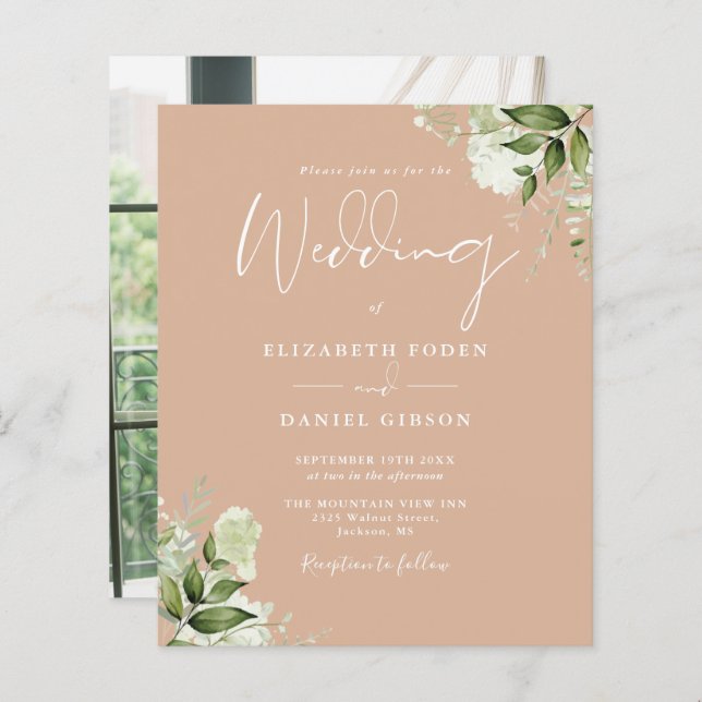 Budget Greenery Tan Photo Wedding Invitation (Front/Back)