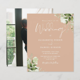 Budget Greenery Tan Photo Wedding Invitation