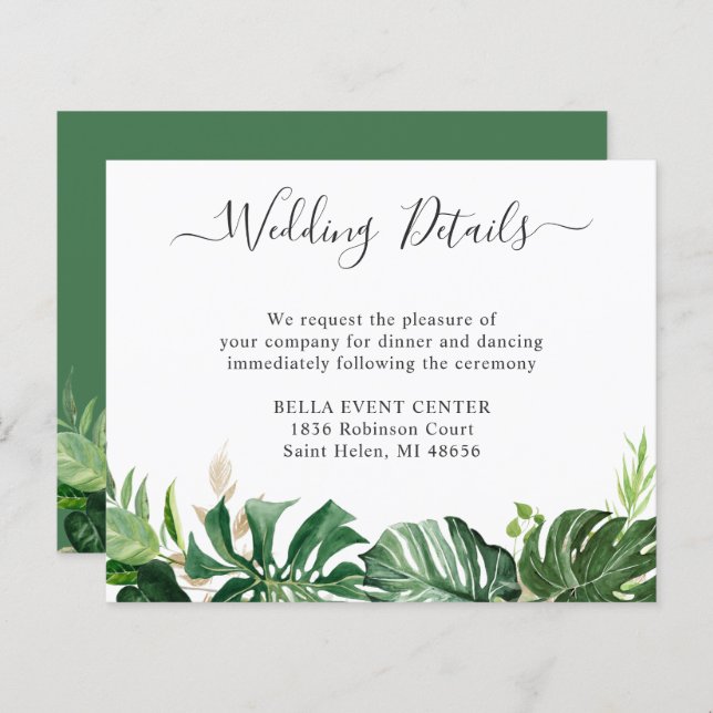 Budget Greenery Tropical Palm Wedding Details Card (Front/Back)