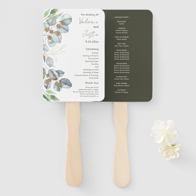 Budget Greenery Watercolor Eucalyptus Wedding Hand Fan (Front and Back)