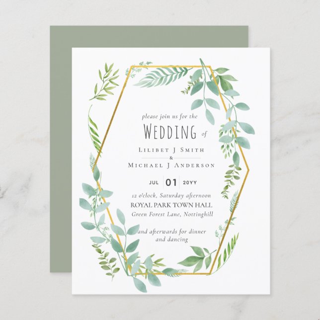 Budget  Greenery Wedding Invite (Front/Back)