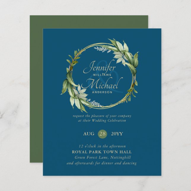 BUDGET Greenery Wreath Modern Wedding Invitation (Front/Back)
