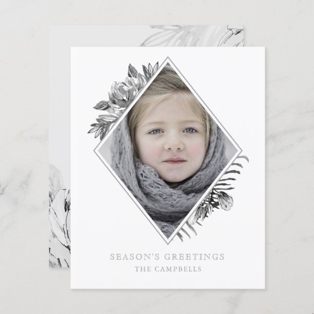 Budget Grey Botanical Elegant Photo Holiday Card (Front/Back)