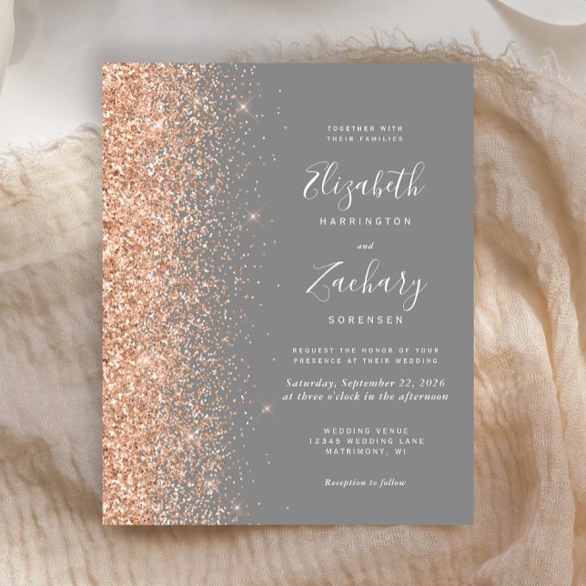 Budget Grey Peach Glitter Wedding Invitation (Creator Uploaded)