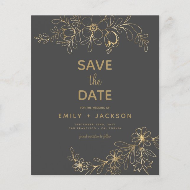 Budget Grey Save the Date Floral Gold Foil Flyer (Front)