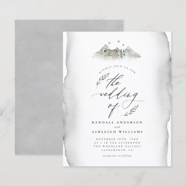 Budget Grey Watercolor Leaves & Mountain Wedding (Front/Back)