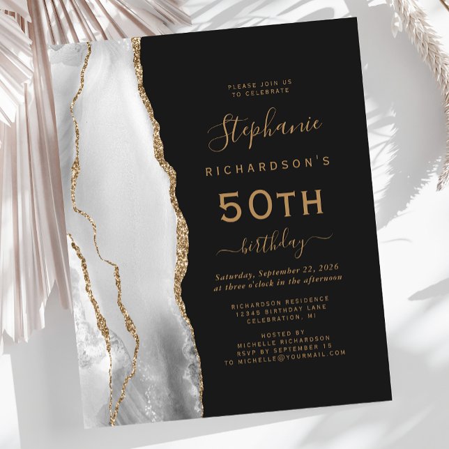 Budget Grey White Gold Agate Dark 50th Birthday (Creator Uploaded)